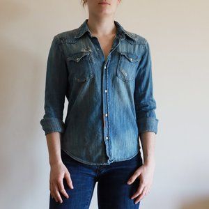 Jean Shop NY Distressed Button-Down Jean Shirt